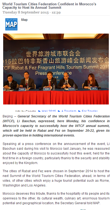 Morocco World News: World Tourism Cities Federation Confident in Morocco's Capacity to Host its Annual Summit