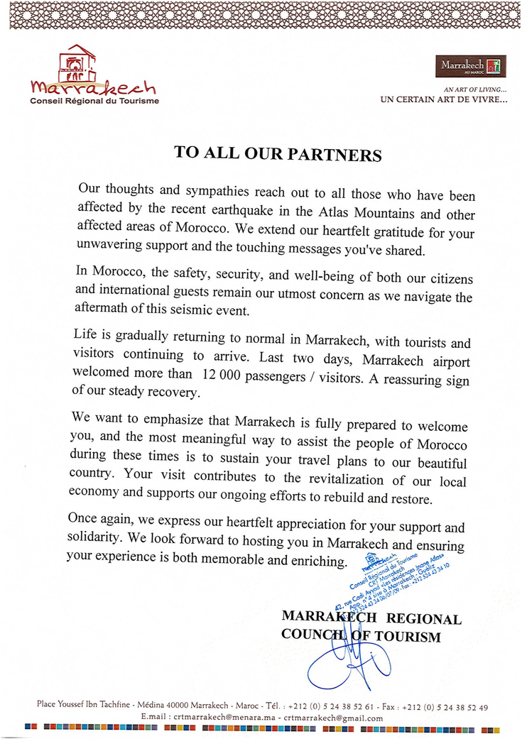 A Letter Regarding Earthquake in Morocco from Regional Council of Tourism Marrakech_fororder_Lettre de soutien_1